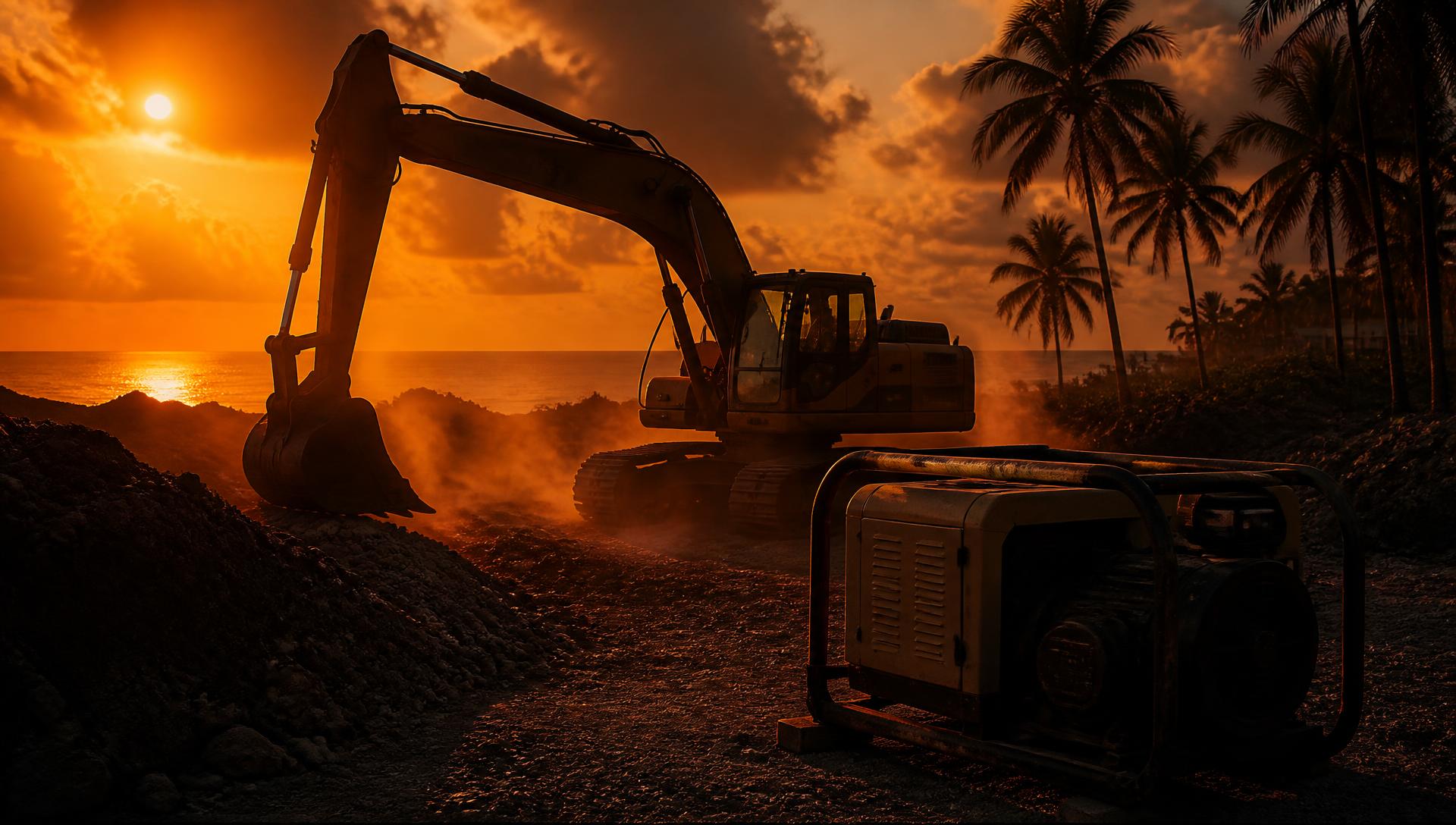 Heavy construction equipment on a Jamaican job site at sunset